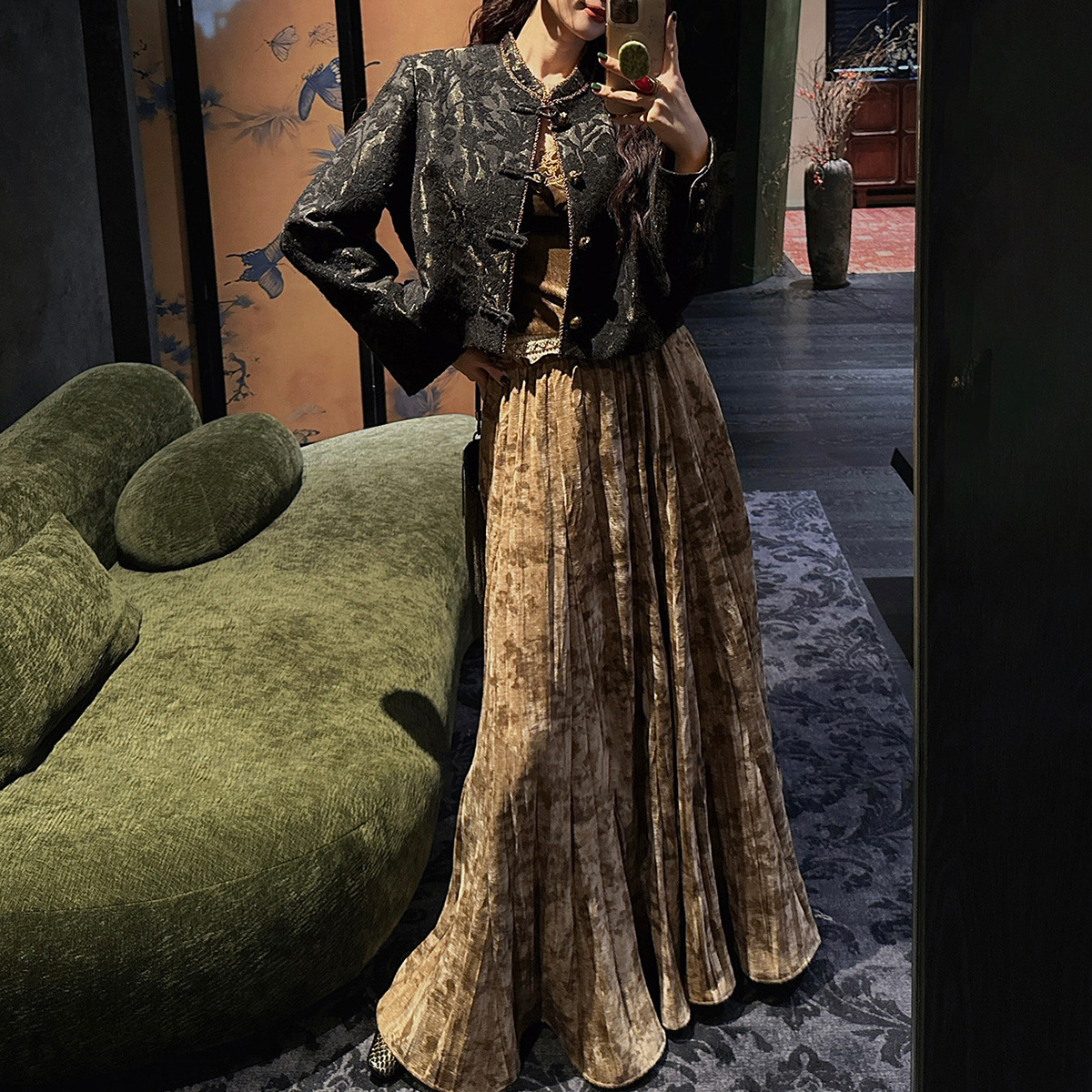 【Twilight Dye】New Chinese-Style Chenille Pleated Skirt for Women, A-Line Midi Skirt, Winter Long Style, 2025 New Model