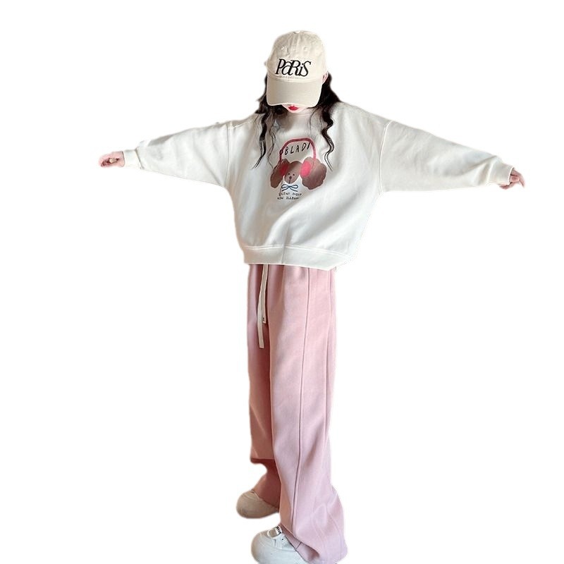 Traje para niñas Otoño 2024 Nuevo suéter de moda de primavera y otoño de dos piezas Pantalones anchos de estilo occidental Ropa de otoño para niños de mediana edad