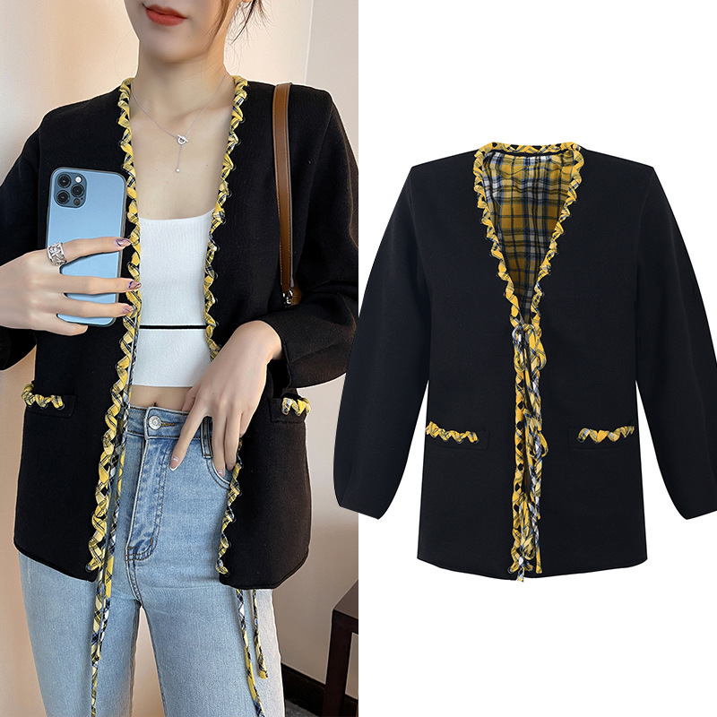 Early Autumn New Korean Style Trendy Jacket for Women 2021, Stylish Color-Blocking Plaid Lining, Pocket Black Long-Sleeve Knit Sweater