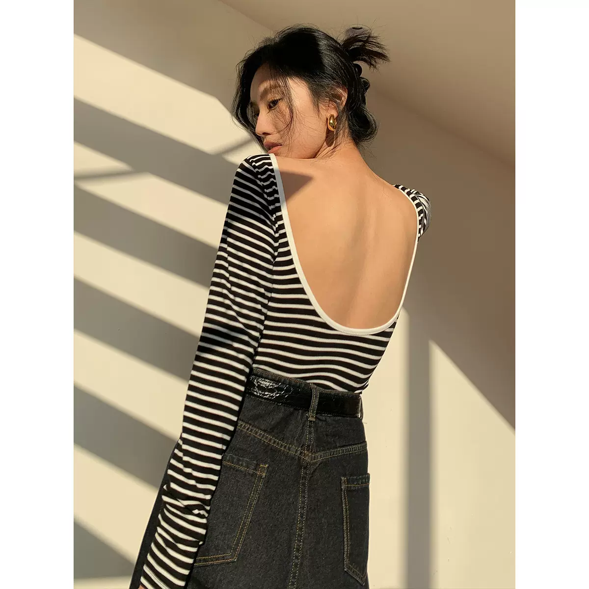 诠释美 NEW OPEN春新款韩版露背上衣性感长袖修身条纹t恤女81095