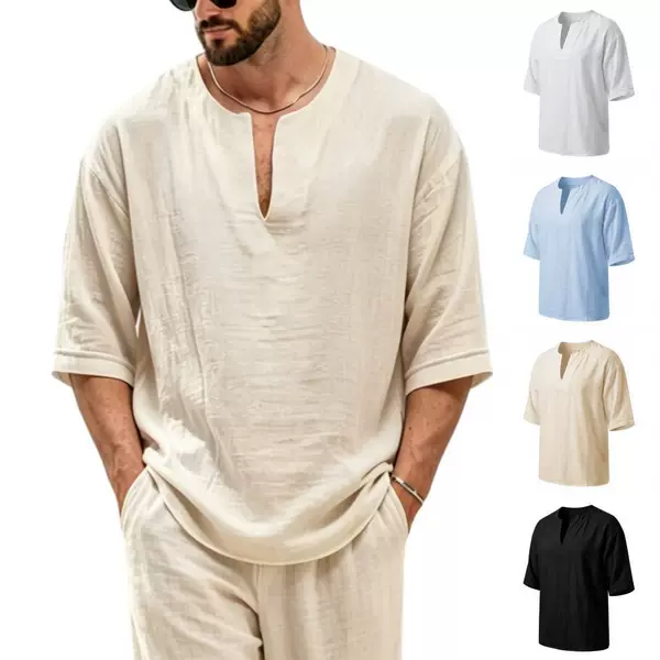 Cross-Border Men's Linen T-Shirt V-Neck Mid-Sleeve Loose Casual Top Breathable Linen Vacation Style Men's Clothing