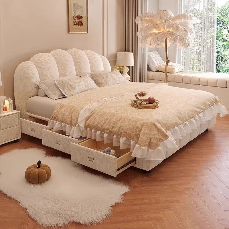 French-Style Cream Puff Chenille Fabric Bed, Classic Master Bedroom Large Bed, Small Apartment Storage Soft-Packed Double Bed