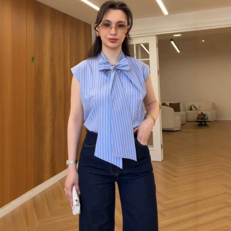 Sweet College-Style Sleeveless New European and American Amazon 2026 Casual Intellectual Tie-Up Shirt Striped Workplace Top