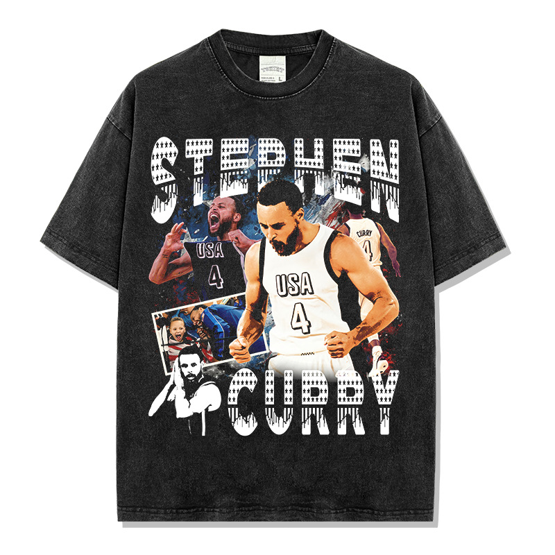 Cross-border retro Curry CURRY printed short-sleeved T-shirt American-style washing long-sleeved heavy round neck hooded sweatshirt men's trendy