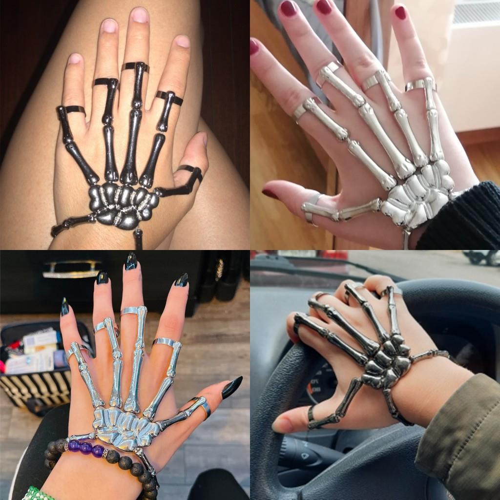 Cross-Border Popular Halloween Bracelet Punk Exaggerated Ghost Hand Skull Bracelet Five-Finger Ring Mittens Bracelet for Women