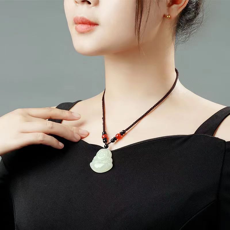 Dây chuyền ngọc Hetian Tân Cương mặt Phật Bà Quan Âm và Phật cười cho nữ