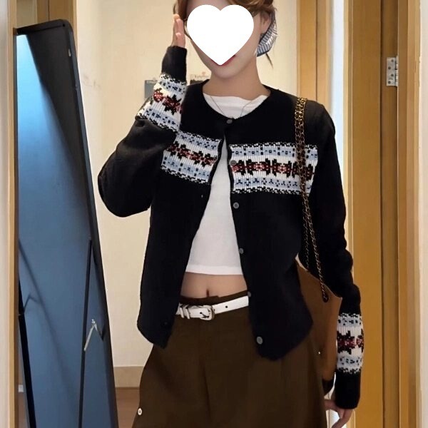 Long-sleeved knitted cardigan for women, autumn and winter jacquard retro American style color-block sweater coat, romantic base layer, Fair Isle