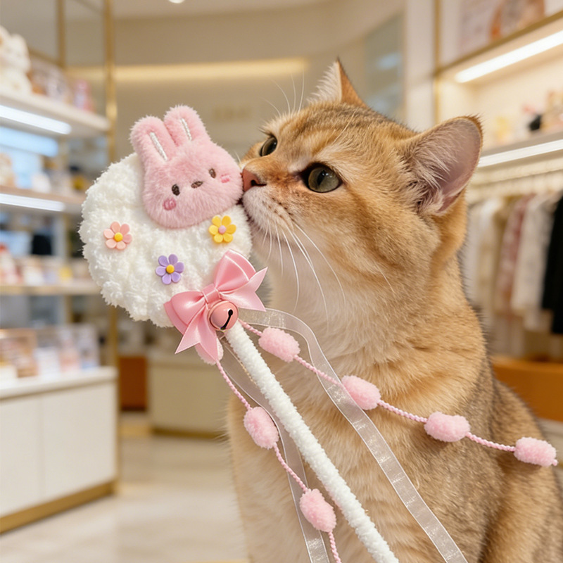 Ari Cat Teaser Wand Moon Bunny Cat Toy Long Rod Bite-Resistant Cat Teaser Magic Wand Blue Moon Cat Teaser Wand