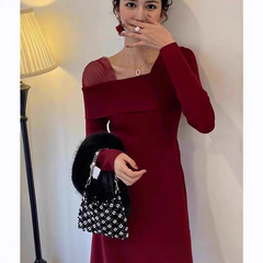 出阁宴订婚礼服敬酒服结婚当天新娘便装气质红色针织连衣裙女秋冬