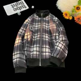 复古美式毛呢格子棒球服夹克男生2025冬季宽松撞色呢子立领厚外套