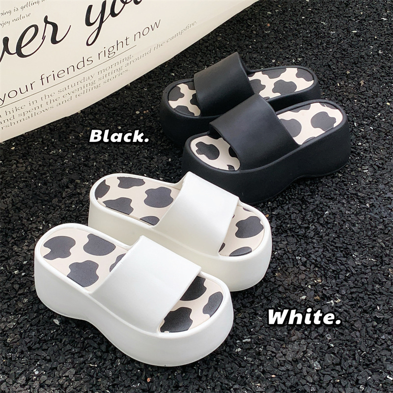 8.0 Thick-Soled Height-Increasing Slip-On Slippers for Women, New Summer Style, Cute Cow Print, Fashionable Beach Slippers for Women
