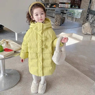 2025 New Winter Girls' down Jacket Mid-Length Baby Solid Color White Duck down Three-Proof Jacket Winter
