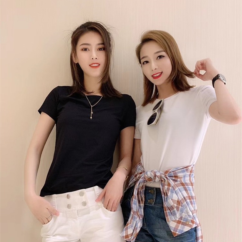 Áo thun nữ ngắn tay cổ chữ V cơ bản dễ phối tôn dáng kiểu mới mùa xuân hè — Trắng (Cổ tròn) chi tiết 3