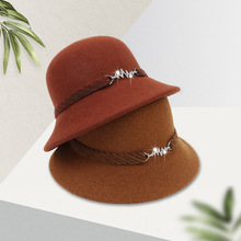 秋冬季女士新款全羊毛呢户外保暖盆帽中年时尚水钻标渔夫帽子批发