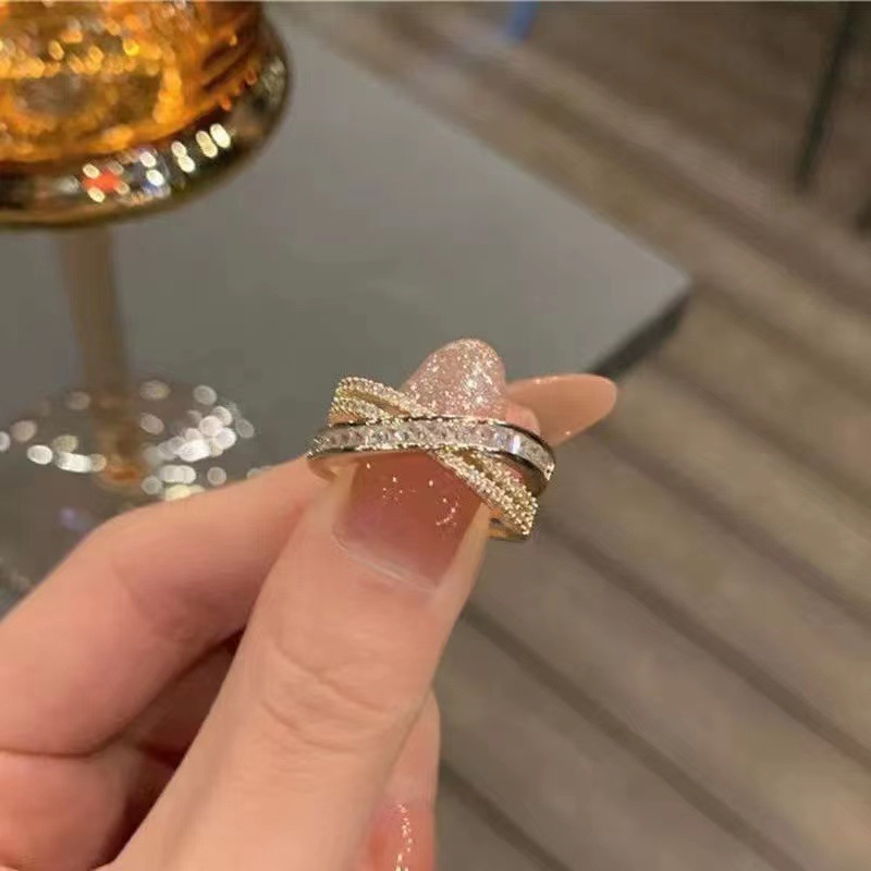 European and American Explosions Korean Style Cross Opening Diamond Ring Cyber Celebrity Light Luxury High Feeling Cold Wind Ring Jewelry