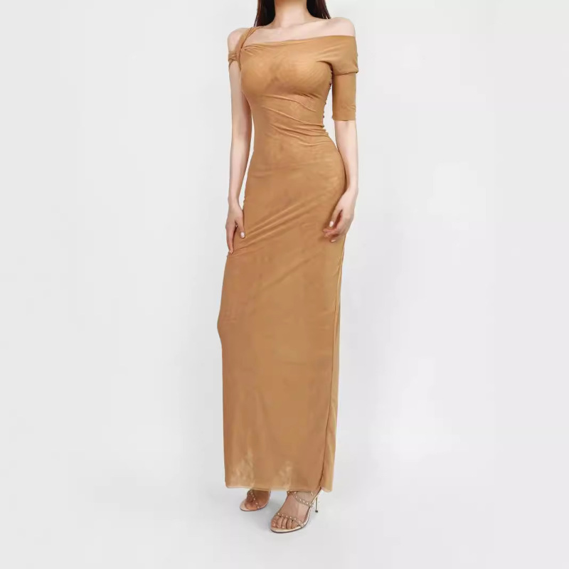Kylie European and American Street Twist Design Hot Girl Sexy Mesh Short-sleeved dress Hip Slim-fit Maxi