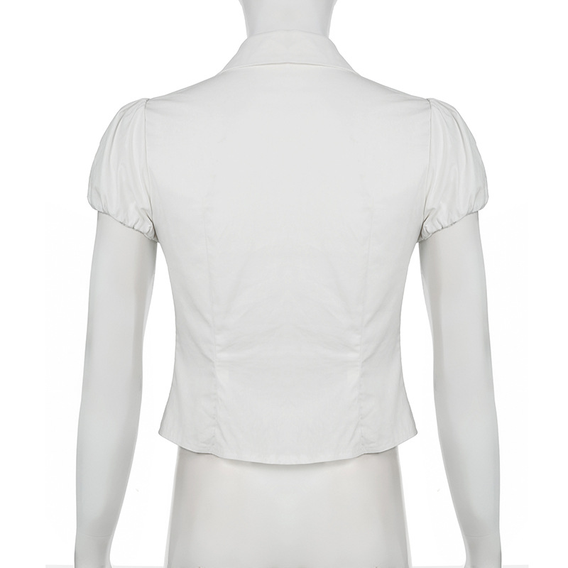 Solid Color Simple Waist Fitted Puff Sleeve Polo Shirt