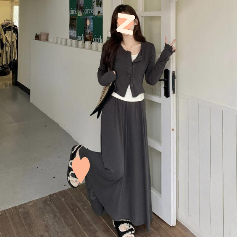 早秋搭配一整套女秋款茶系穿搭高级感法式长袖连衣裙子小香风套装|undefined