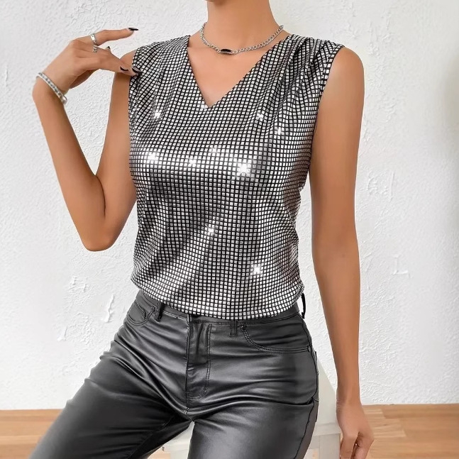 Source Factory Hot Girl Sequin Vest for Women 2025 New V-Neck Sleeveless Slim Fit Mesh Rhinestone Top
