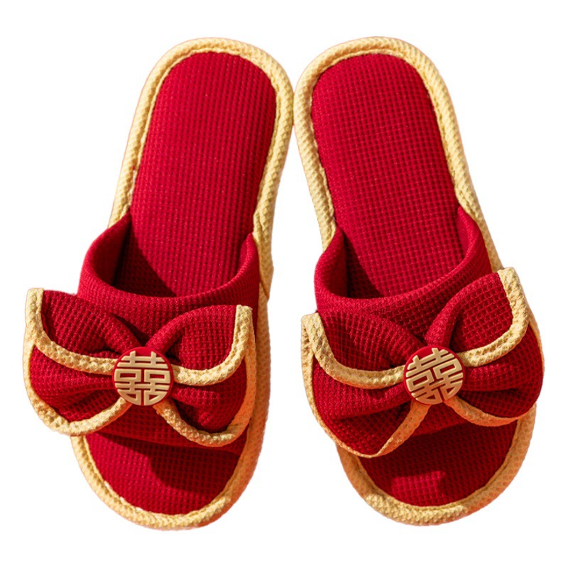Клевер свадебные тапочки женская летняя комнатная домашняя большая красная свадебная пара льняные тапочки