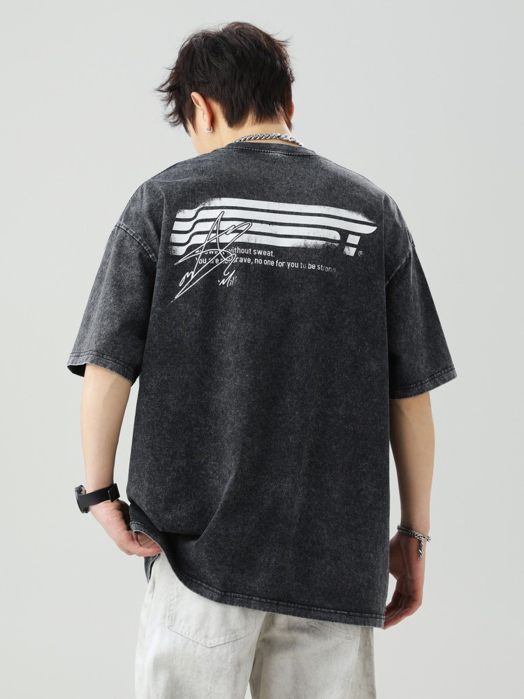 スノーフレークウォッシュ半袖Tシャツメンズ夏新作ブロークンテクスチャレタープリント半袖日本製ルーズTシャツq