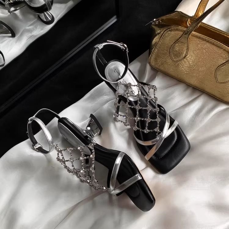 Comes with Filters ~ Beautiful Small High Heels for Women Summer Open-Toe Rhinestone Mesh T-Strap Roman Sandals for Women 2025 New Style