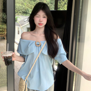 Off-Shoulder Short-Sleeve Shirt for Women, Summer 2025 New Age-Reducing Fashion Versatile Loose Solid Color Top Trendy