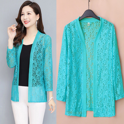 Women's Fashion Spring and Summer Large Size Medium Lace Cardigan Long Sleeve Clothesline Air Conditioning Shirt Thin Top