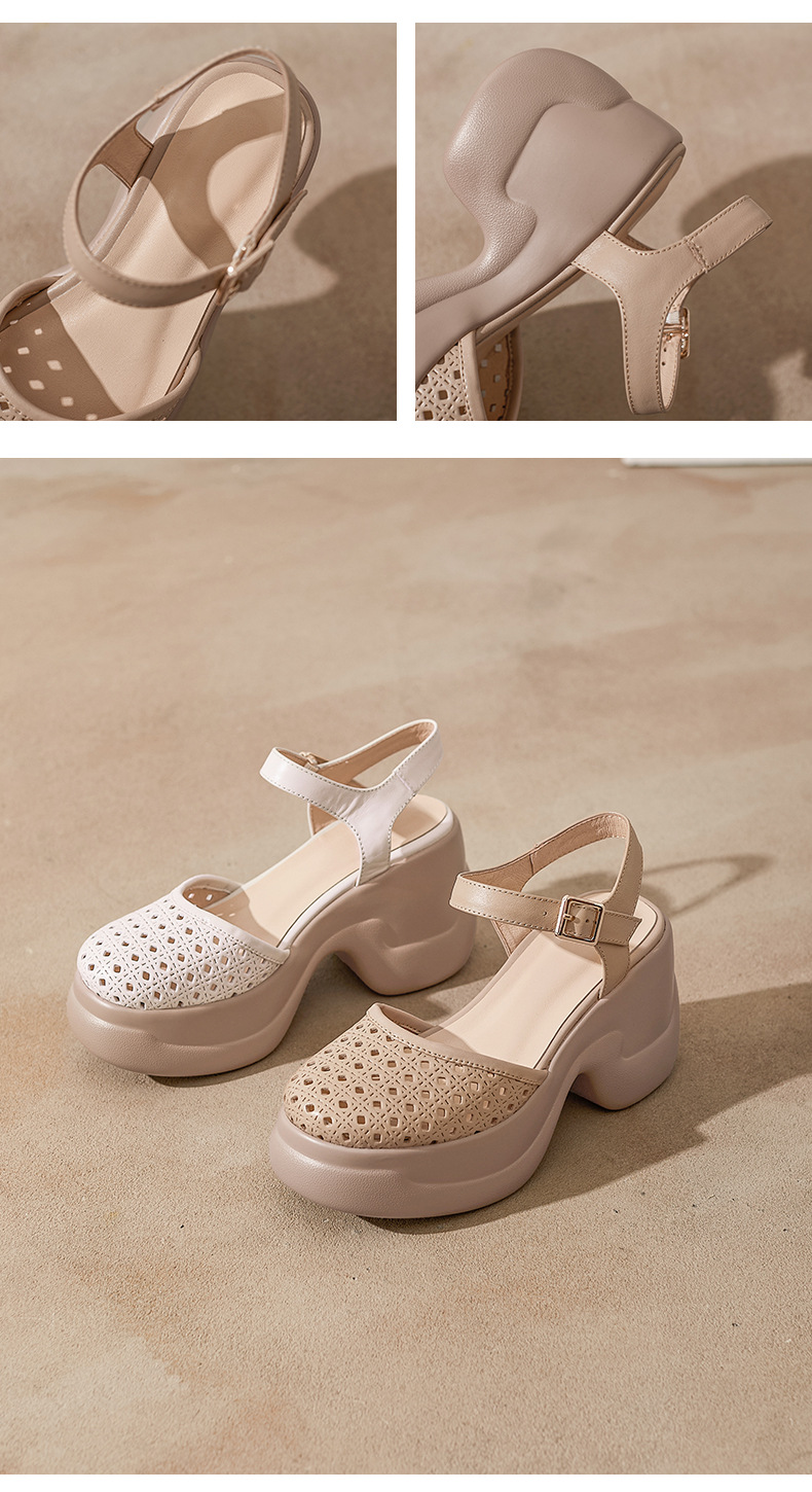 Sandal cao gót nữ mũi kín quai ngang gót 9 cm phong cách La Mã — màu trắng ngà, màu mơ chi tiết 12