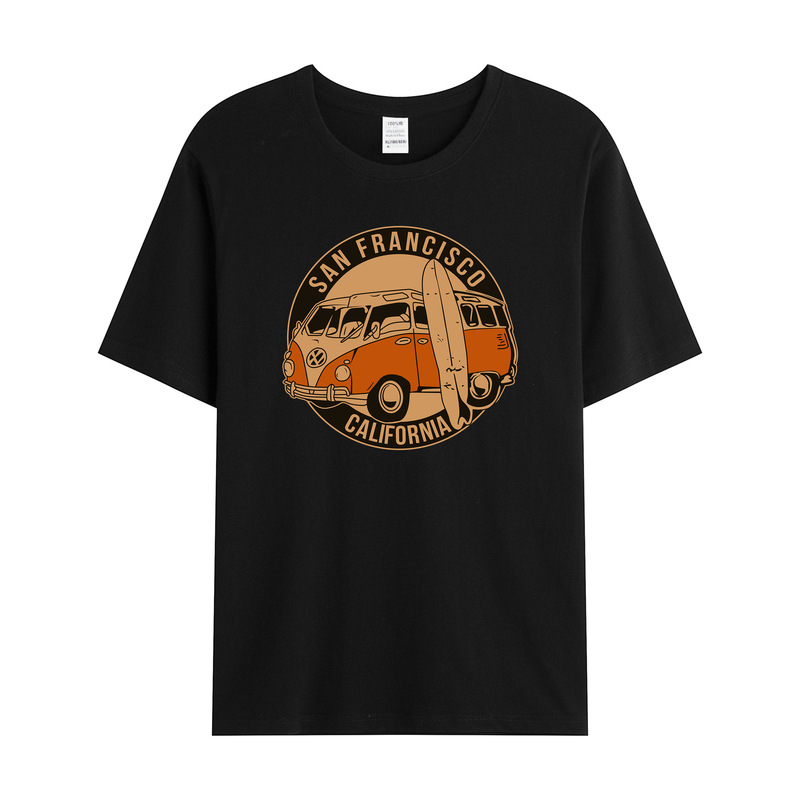 独立駅クロスボーダー男性レトロ車模様綿100% ゆるいプルオーバー半袖tシャツ|undefined