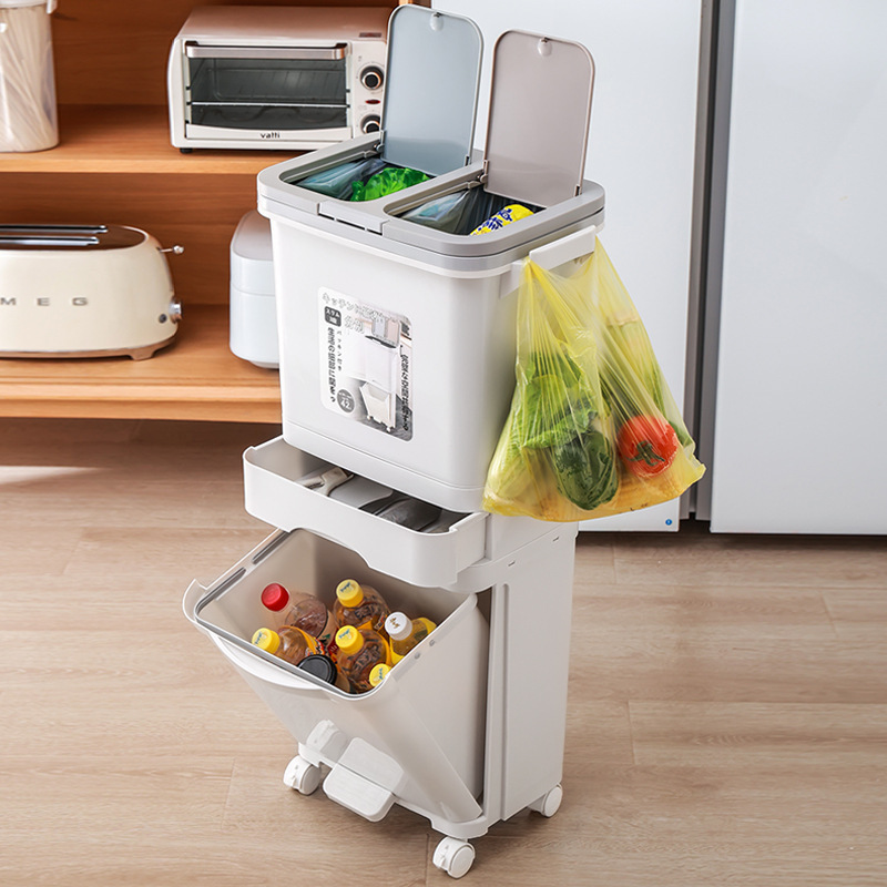 Japanese-style household kitchen sorting trash can dry and wet separation pedal multi-layer large press type automatic crevice with lid