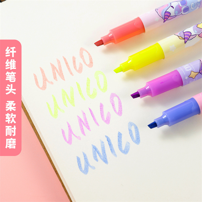 Ventas transfronterizas calientes unicornio resaltador de estudiantes de alto valor de cara mini tarjeta de succión conjunto de bolígrafo de cuenta