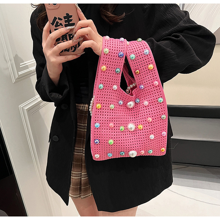 Daily Occasion Women's Medium Knit Solid Color Cute Pearls Open Straw Bag