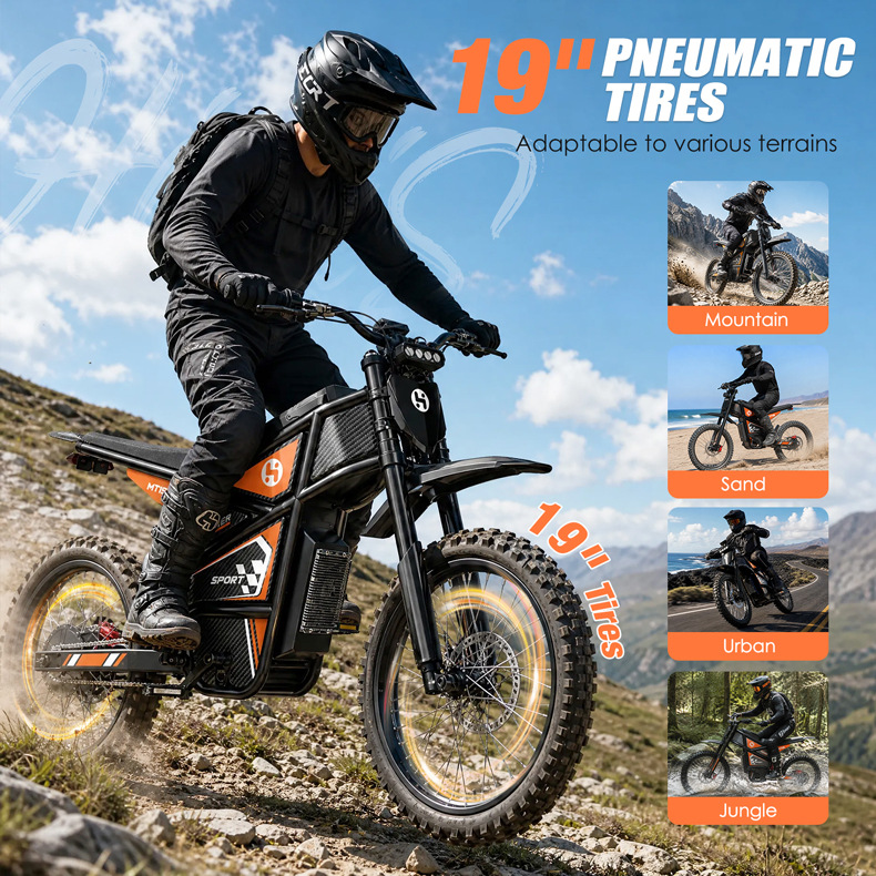 European and American Overseas Warehouse Cross-Border 19-Inch Off-Road Electric Motorcycle for Adults, 3000W Lithium Battery Mountain Bike, 60V 35Ah Electric Vehicle