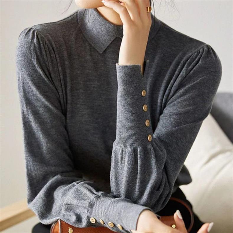 (2개) 한국 스타일 2023 랜턴 소매 폴로 칼라 스웨터 여성의 가을과 겨울 새로운 느슨한 슬림베이스 스웨터 탑 아우터웨어