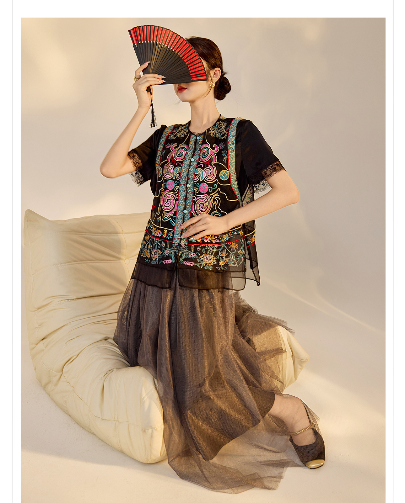 Áo vest cổ đứng phong cách retro Trung Hoa, thiết kế thêu, chất liệu tơ dâu tằm, mẫu ZX N4045 — Màu đen, Hồng mơ chi tiết 19