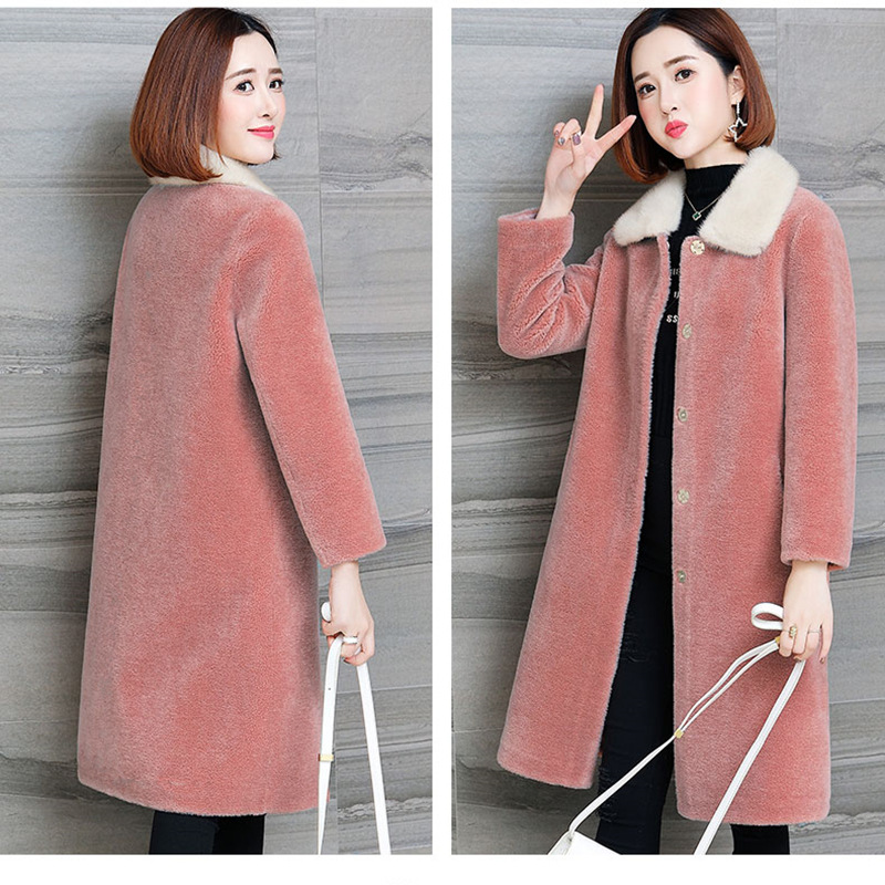 Women's Clothing Clearance Granular Sheep Shearling Real Mink Collar Fur Wool Coat_voghion.com
