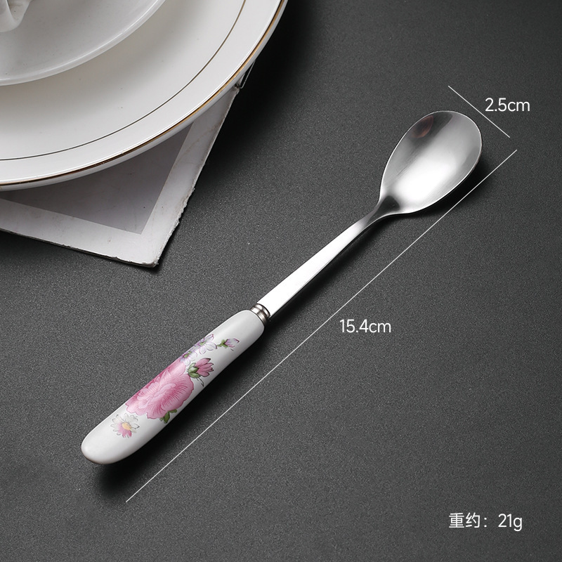 陶瓷多色花纹时尚创意长柄勺子酒店厨房搅拌勺配咖啡杯不绣钢彩釉|undefined