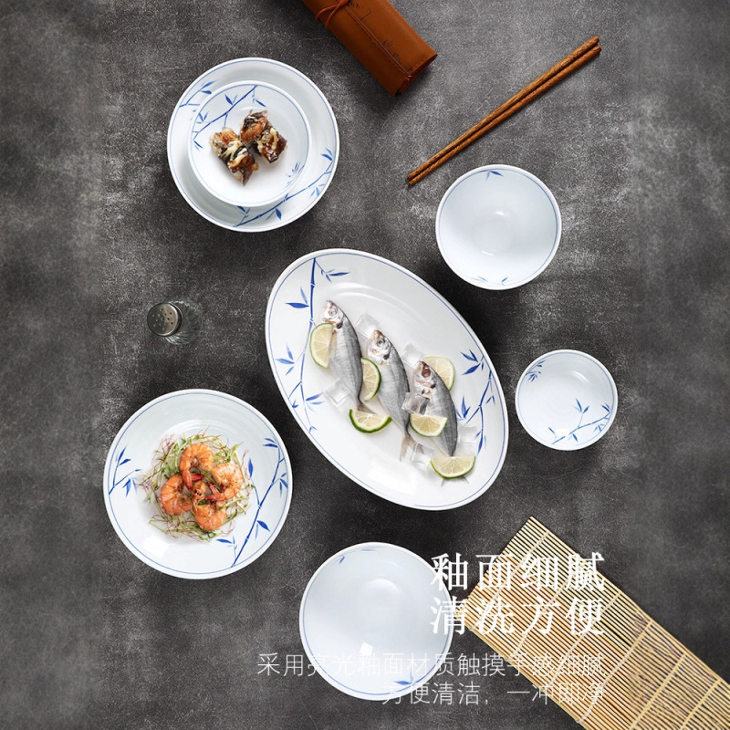 Ceramic Underglaze High-Temperature Blue and White Porcelain Rice Bowl Set, Chinese-Style Household Noodle Bowl, Bamboo Shadow Pattern Plate Ceramic Underglaze High-Temperature Blue and White Porcelain Rice Bowl Set, Chinese-Style Household Noodle Bowl, Bamboo Shadow Pattern Plate