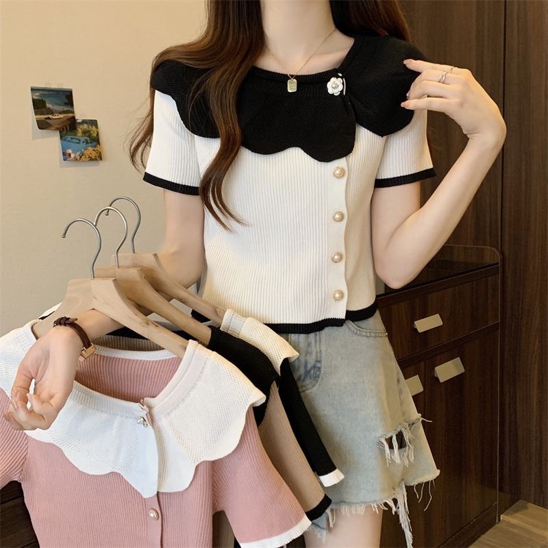 Contrast color lace collar gentle short-sleeved sweater for women Summer new thin slim slimming short top for women Contrast color lace collar gentle short-sleeved sweater for women Summer new thin slim slimming short top for women