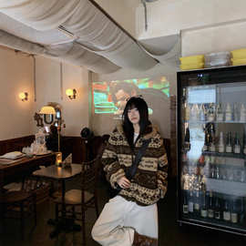 实拍 冬季新款复古费尔岛连帽毛领棉服女宽松提花仿羊羔毛外套潮