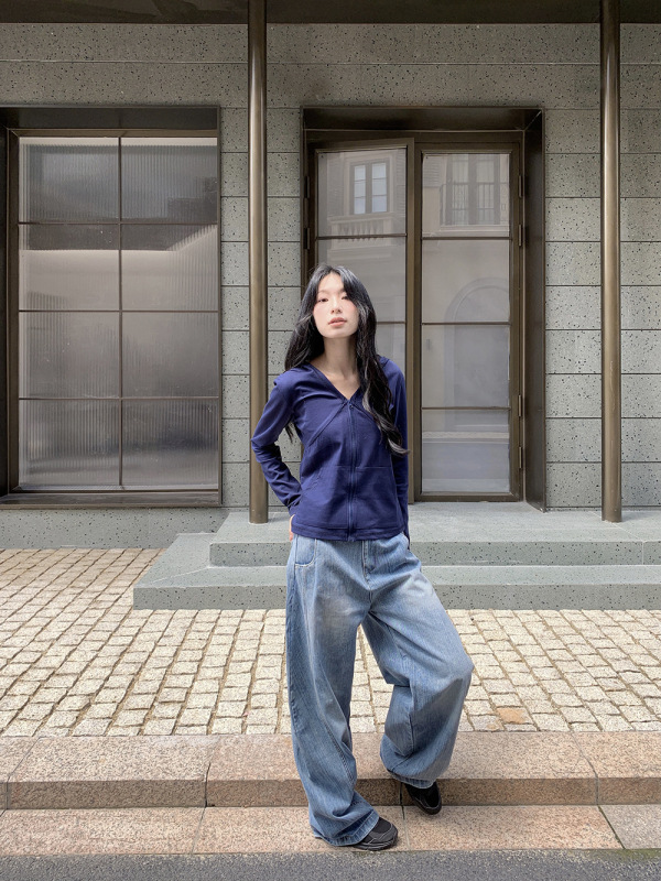 [9hour]设计感廓形低腰弯刀牛仔裤女2025秋季百搭宽松阔腿裤c0220|undefined