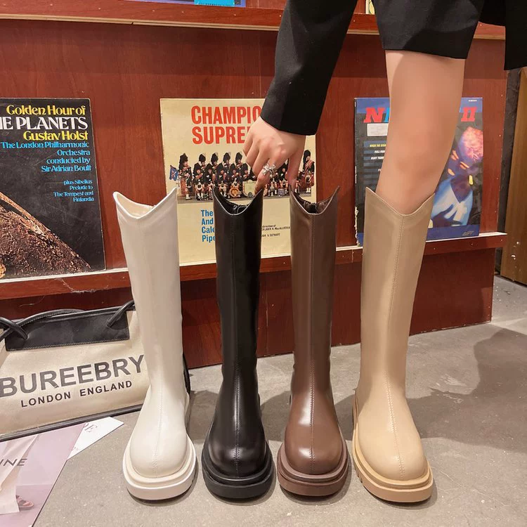 Женские длинные сапоги на толстой подошве с V-образным вырезом, 2023 Новые осенне-зимние высокие сапоги, маленькие длинные сапоги до середины икры, сапоги рыцаря