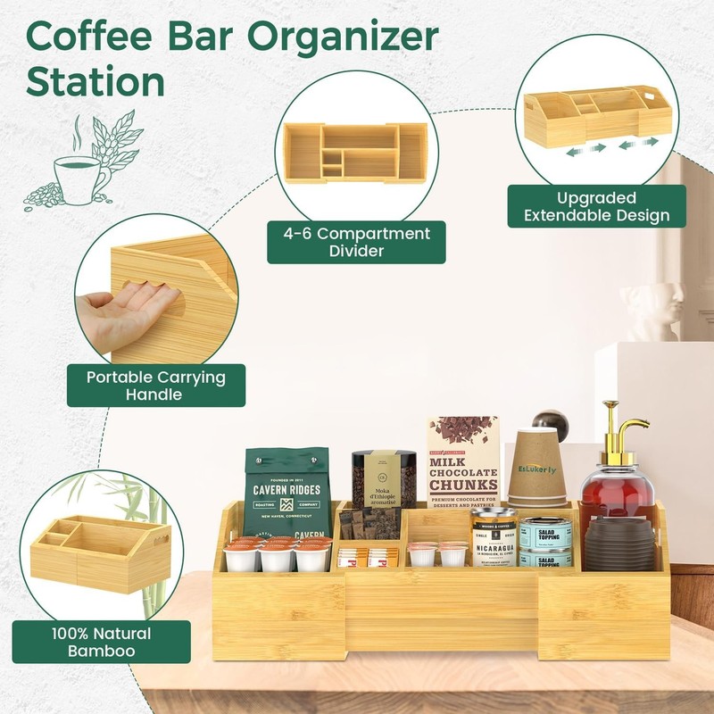カウンタートップコーヒー収納ボックス竹製調味料収納ラックオフィスキッチン伸縮可能調味料整理ボックス|undefined