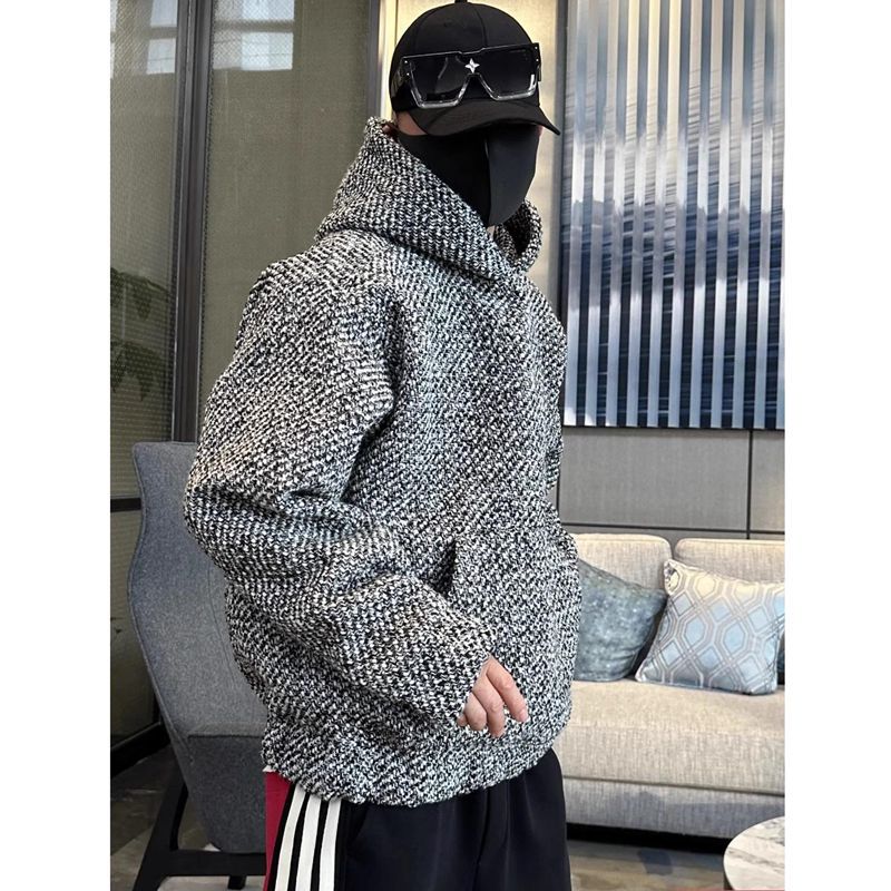 潮牌小香风连帽卫衣男春秋潮流粗花编织套头百搭长袖上衣潮