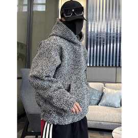潮牌小香风连帽卫衣男春秋潮流粗花编织套头百搭长袖上衣潮