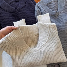 美式复古杏色v领长袖简约毛衣女新款高级感显瘦打底针织衫潮A8988