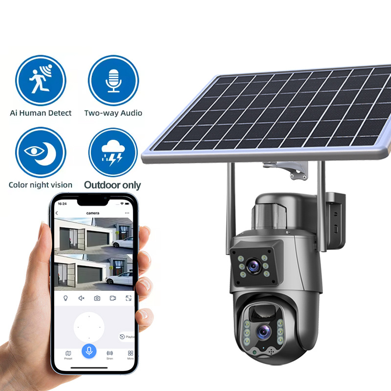 Cámara de Alta Definición Inalámbrica Transfronteriza, Sin Red, con Wifi, Control Remoto desde el Teléfono Móvil, Doble Lente, Resistente al Agua, Monitoreo Solar para Exteriores