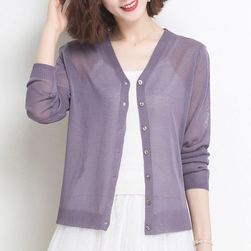 Ladies' Summer Thin Knit Cardigan Solid Color Linen-Like Ice Silk Top Coat