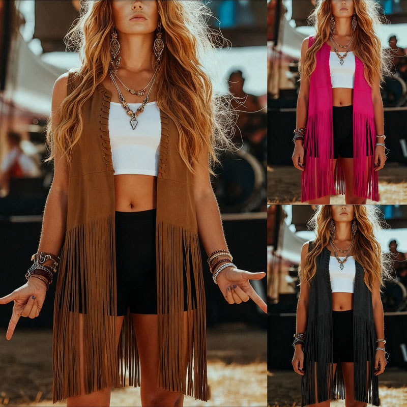 2026跨境欧美亚马逊夏季披肩流苏马甲外套女士无袖中长款马夹外套